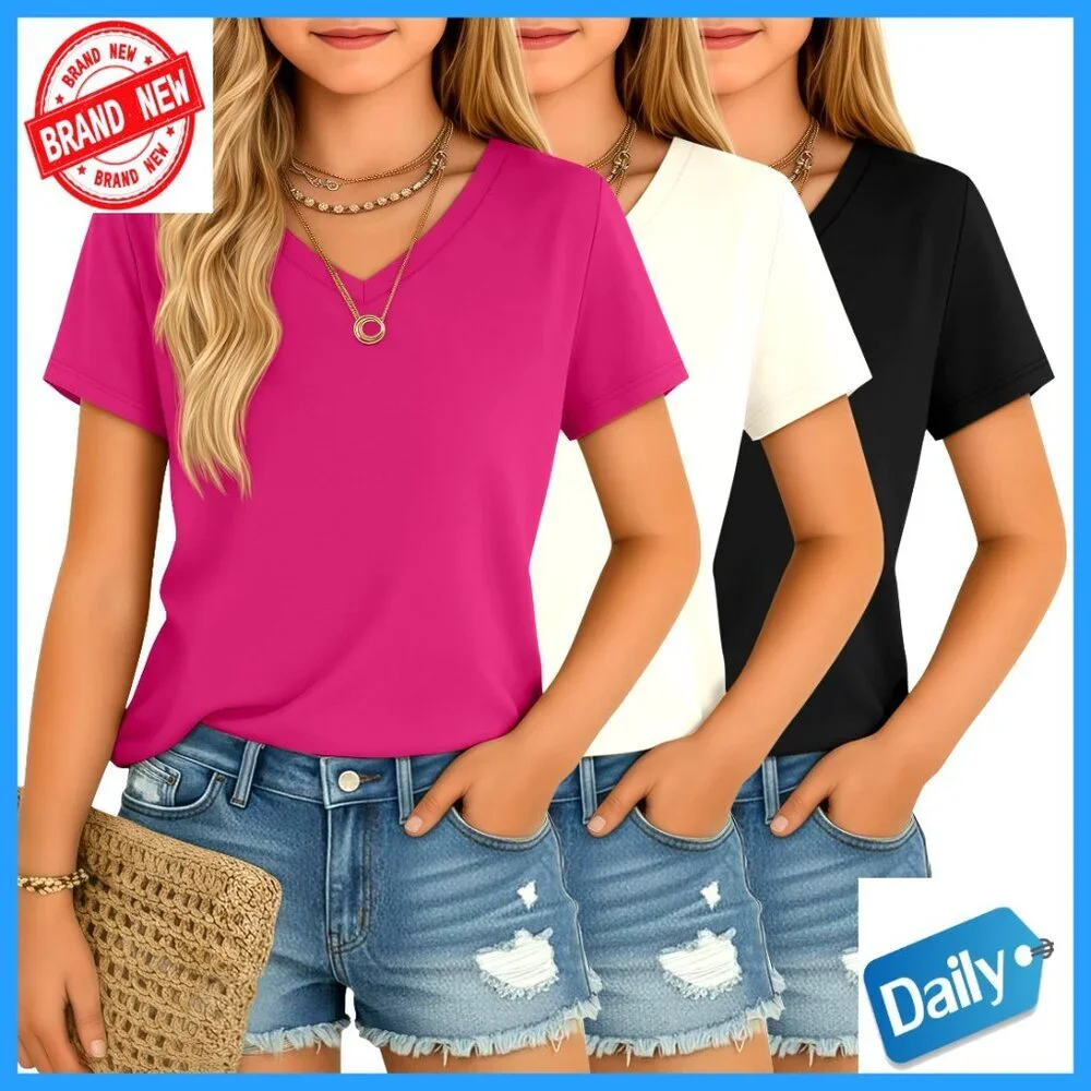 Girls 3 Pack V-Neck T-Shirts Short Sleeve Baggy Soft Tees 5-14 Years